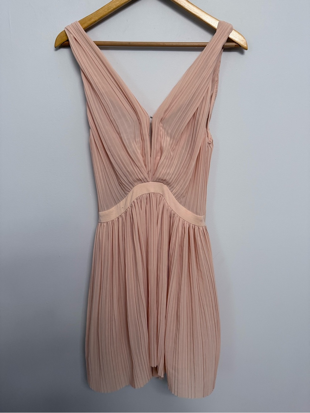 Maje Pleated V-Neck Mini Dress in Blush Pink